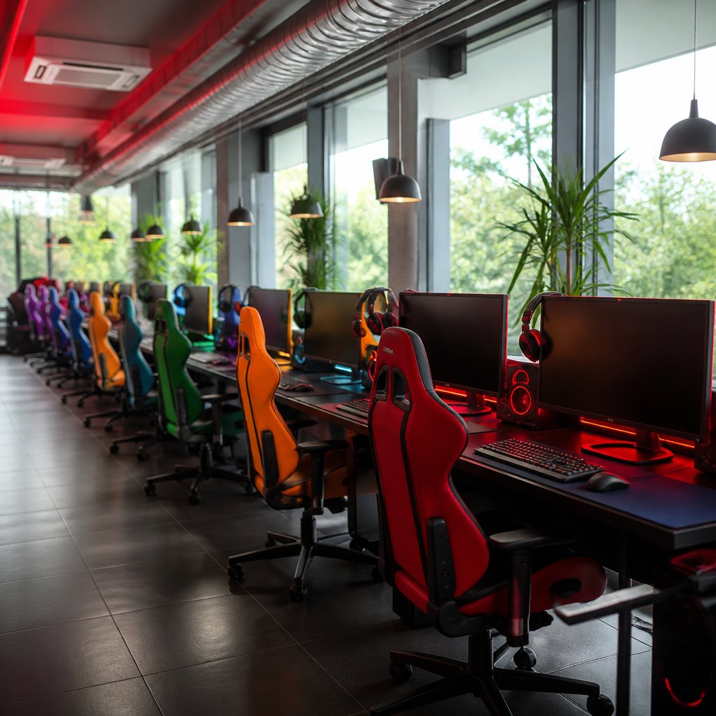 Red row of gaming stations near the club entrance