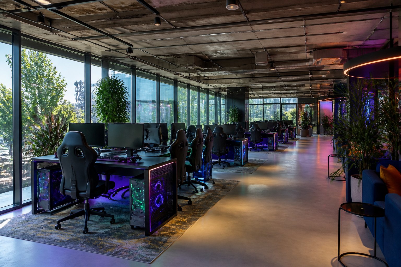 Bright glass gaming hall with rows of PC stations under daylight